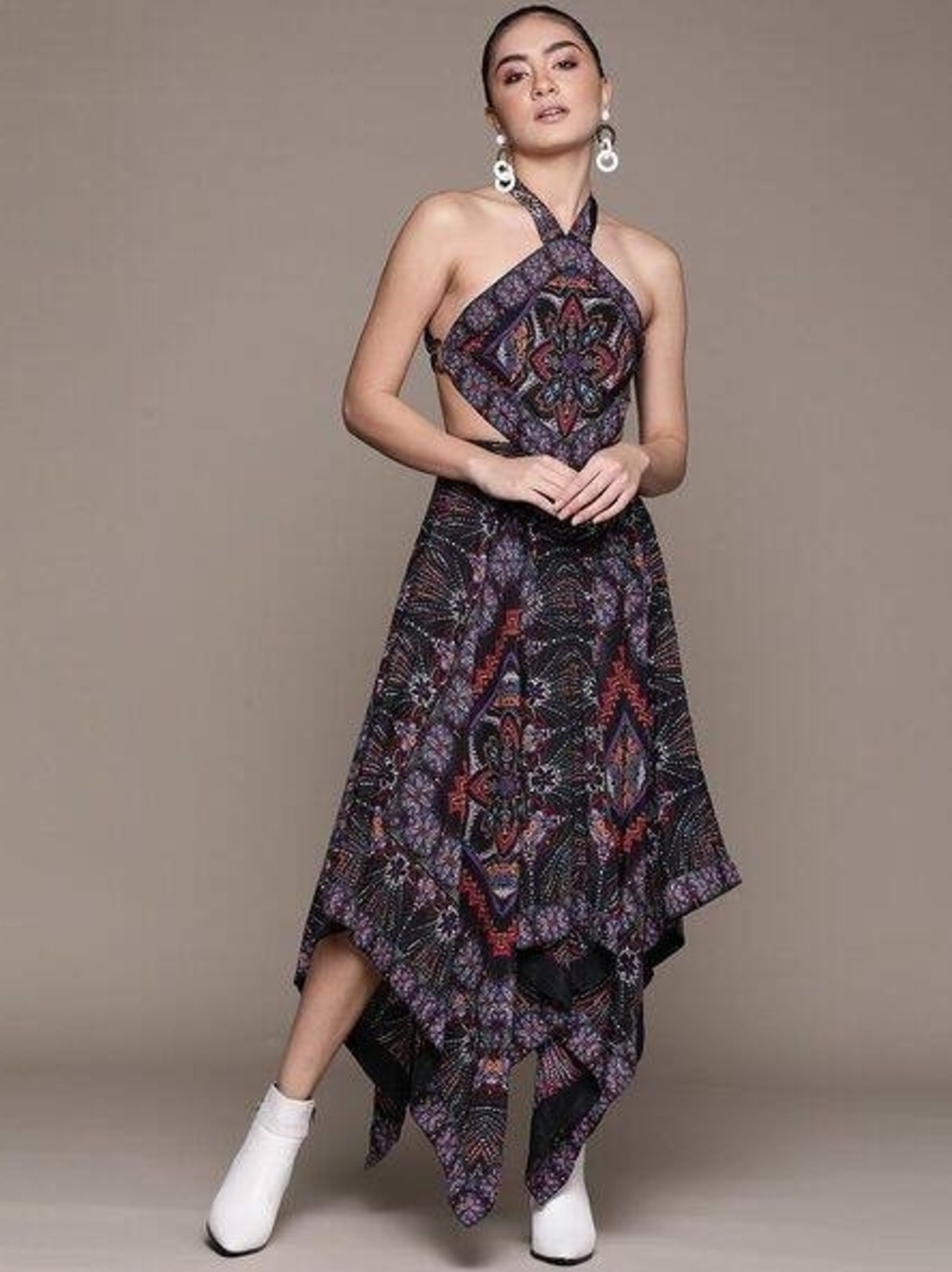 Label Ritu Kumar Purple & Pink Print Cutout Dress